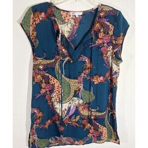 DR2 by Daniel Rainn Sz Medium Short Cap Sleeve Top Blouse w/ Tassels Navy Floral